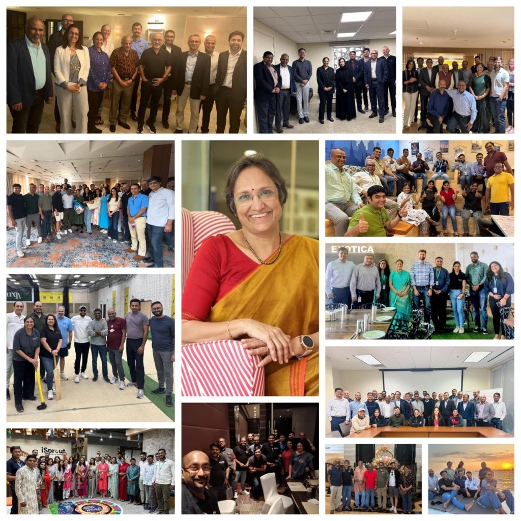 Collage of team gatherings and celebrations across the years