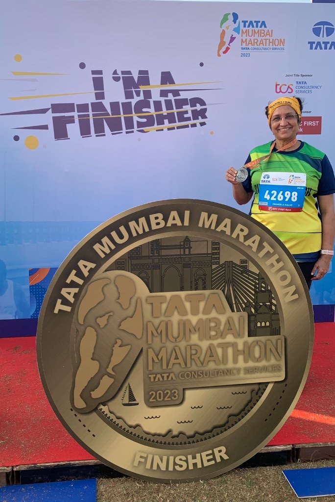 Prameela Kalive finishing the Tata Mumbai Marathon