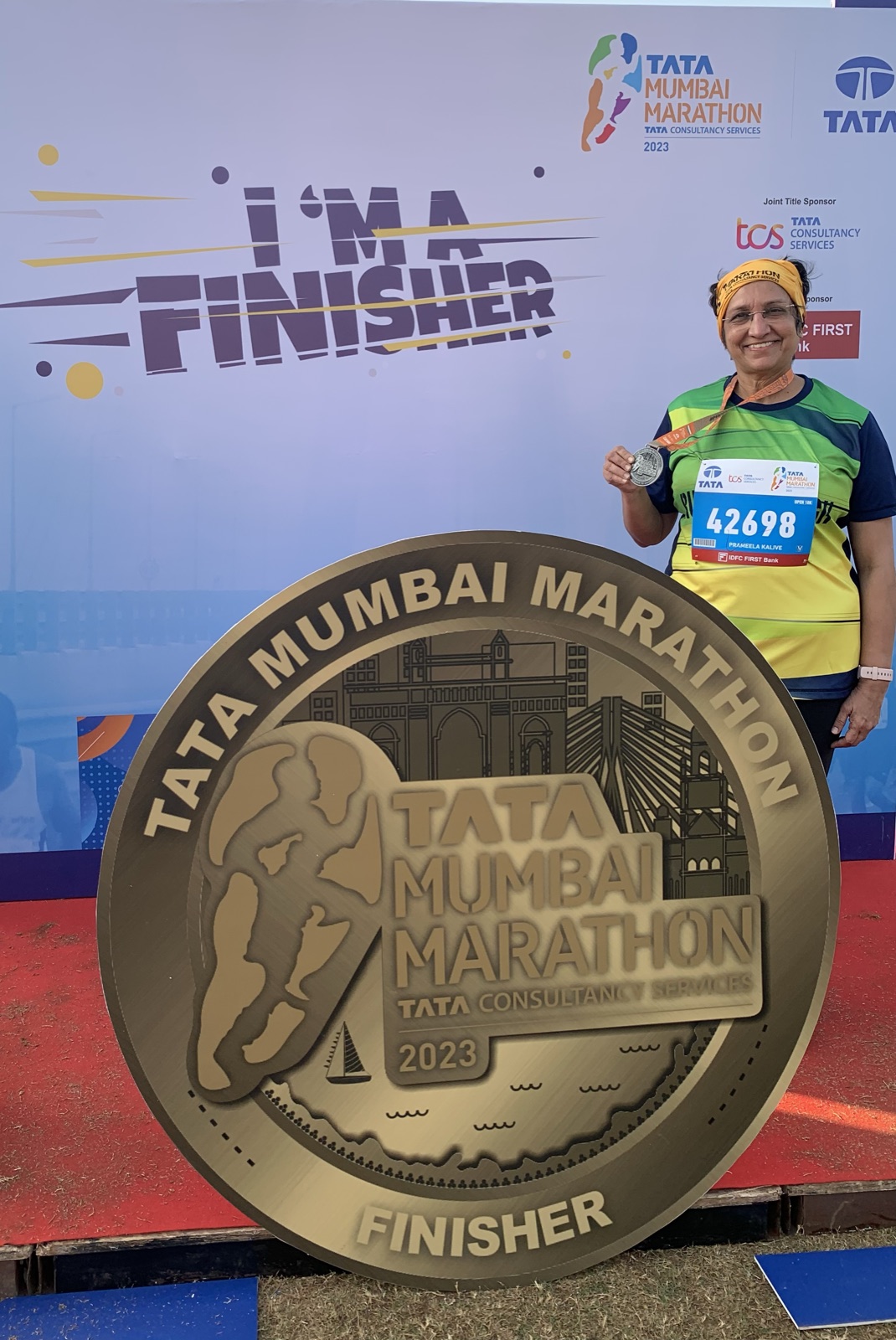 Prameela Kalive at the Tata Mumbai Marathon finish